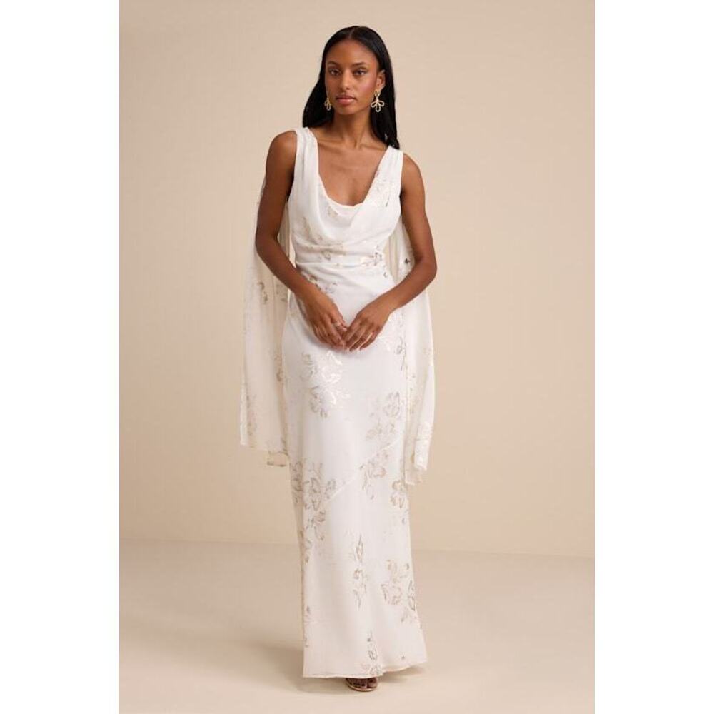 Lulus Sidonia White And Gold Floral Cowl Sash Maxi Dress - Size M